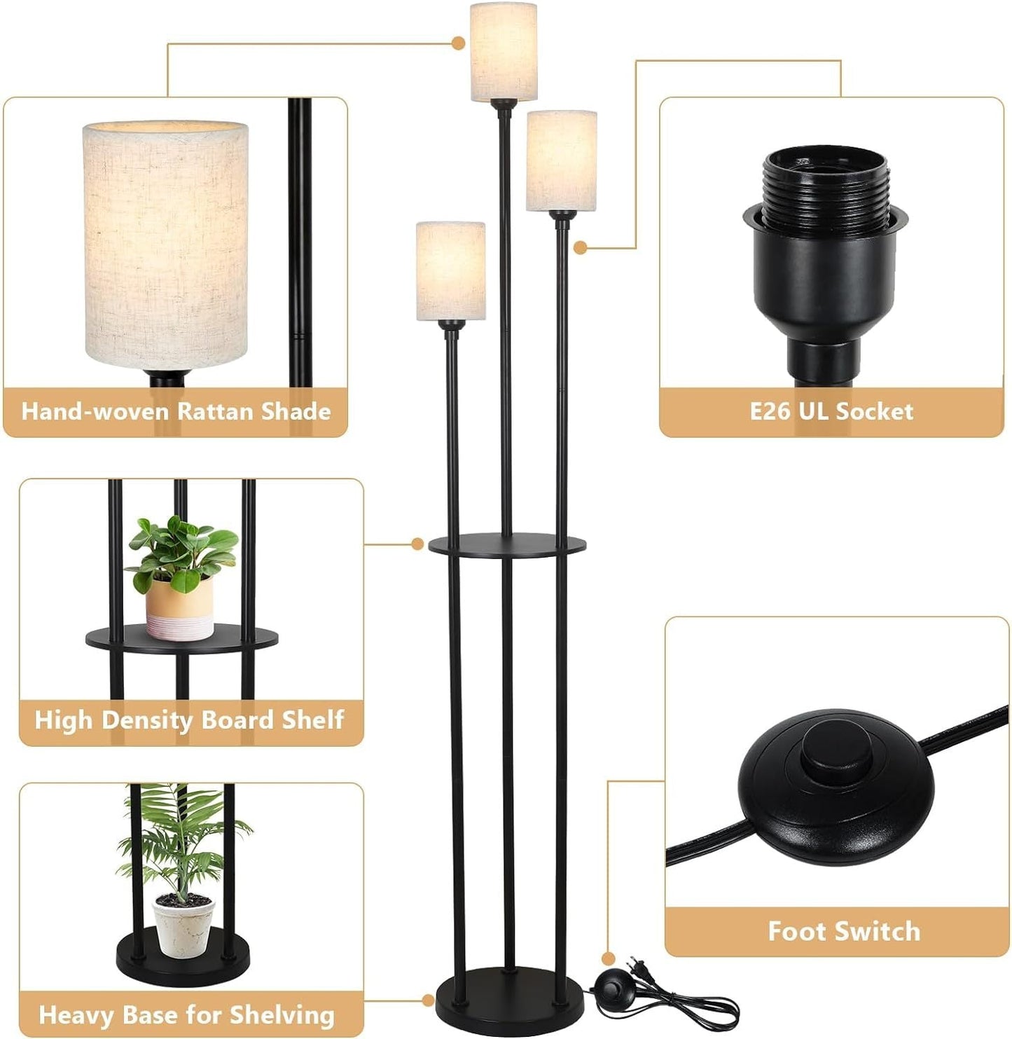 Floor Lamp With Shelf, Floor Lamp For Modern Living Room, 3 Light